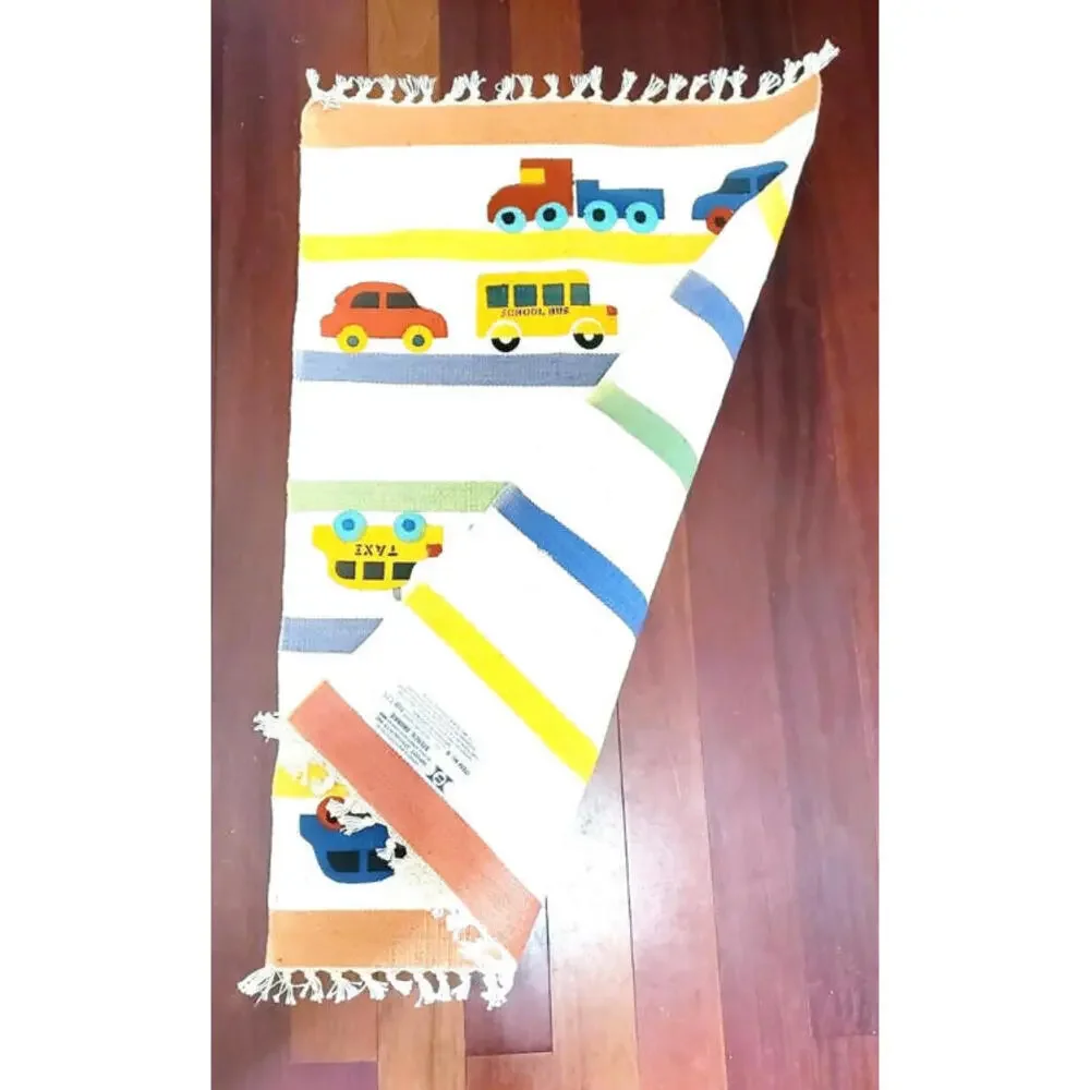 Vintage Dhurrie Rug Cotton Stencil Changing Lanes Trucks Cars School Bus